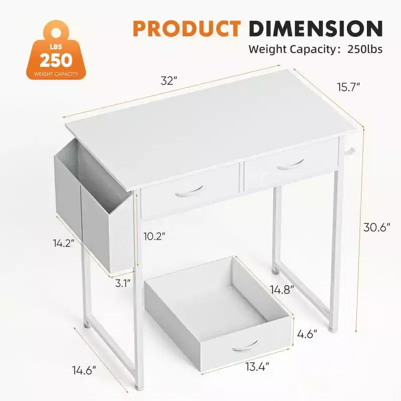 TUYOHW Modern Writing Desk with 2 Drawers &Side Storage Pocket,Computer Desk for Studying,Dressing,and Crafting,30.6 Height