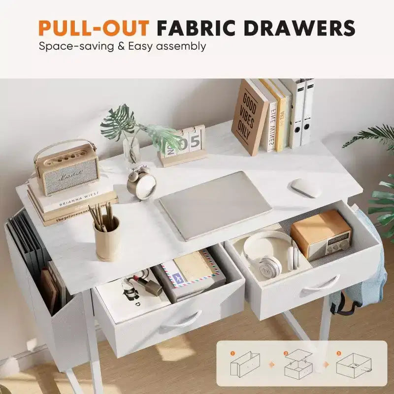 TUYOHW Modern Writing Desk with 2 Drawers &Side Storage Pocket,Computer Desk for Studying,Dressing,and Crafting,30.6 Height