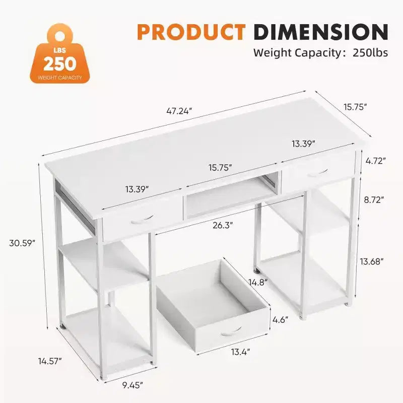 TUYOHW Modern Writing Desk with 2 Drawers &Side Storage Pocket,Computer Desk for Studying,Dressing,and Crafting,30.6 Height