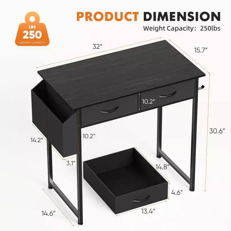 TUYOHW Modern Writing Desk with 2 Drawers &Side Storage Pocket,Computer Desk for Studying,Dressing,and Crafting,30.6 Height