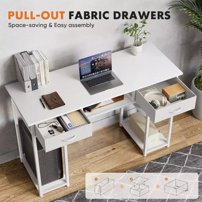 TUYOHW Modern Writing Desk with 2 Drawers &Side Storage Pocket,Computer Desk for Studying,Dressing,and Crafting,30.6 Height
