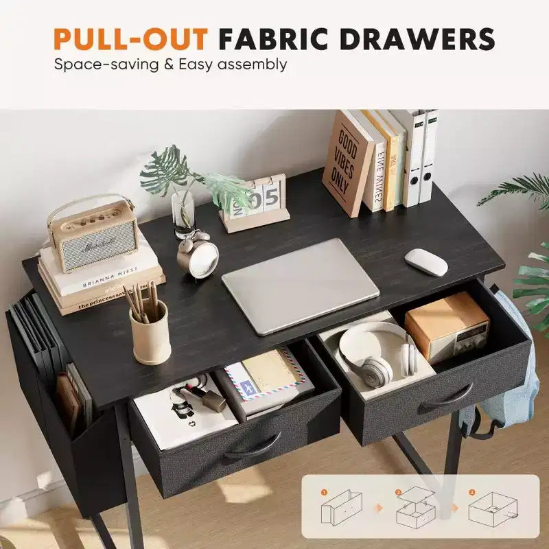 TUYOHW Modern Writing Desk with 2 Drawers &Side Storage Pocket,Computer Desk for Studying,Dressing,and Crafting,30.6 Height