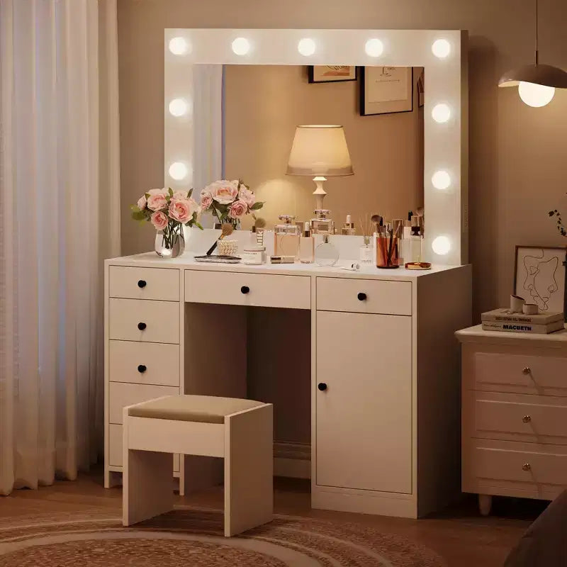 White Vanity Desk with Mirror and LED Lighting