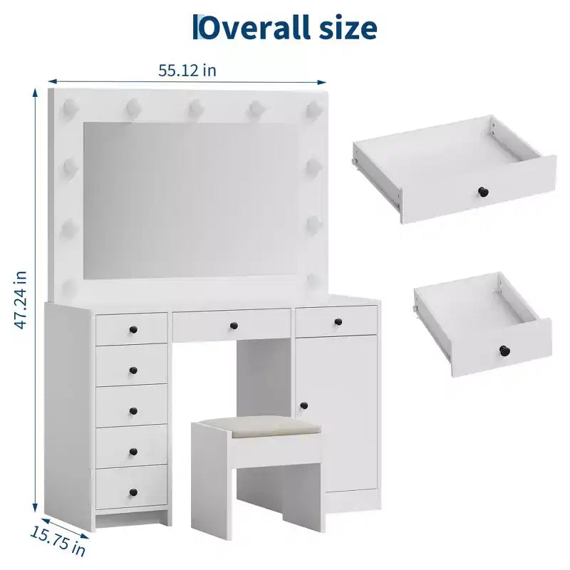 White Vanity Desk with Mirror and LED Lighting