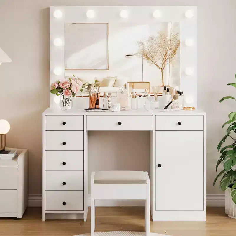 White Vanity Desk with Mirror and LED Lighting
