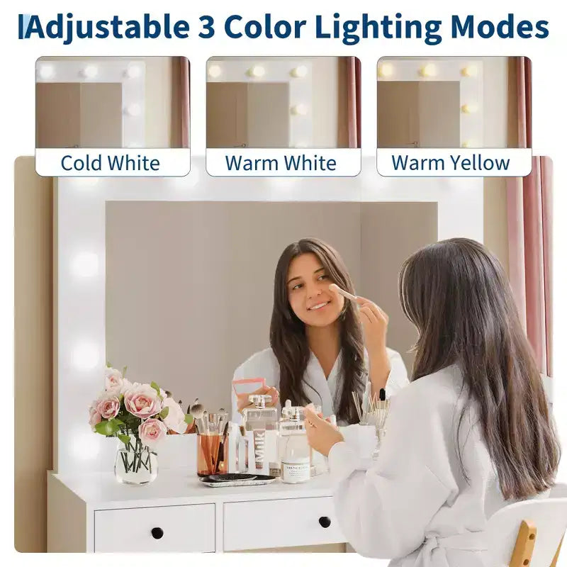 White Vanity Desk with Mirror and LED Lighting
