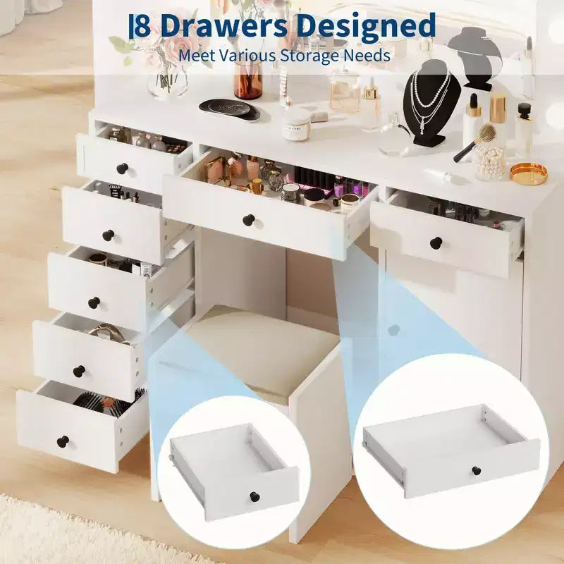 White Vanity Desk with Mirror and LED Lighting