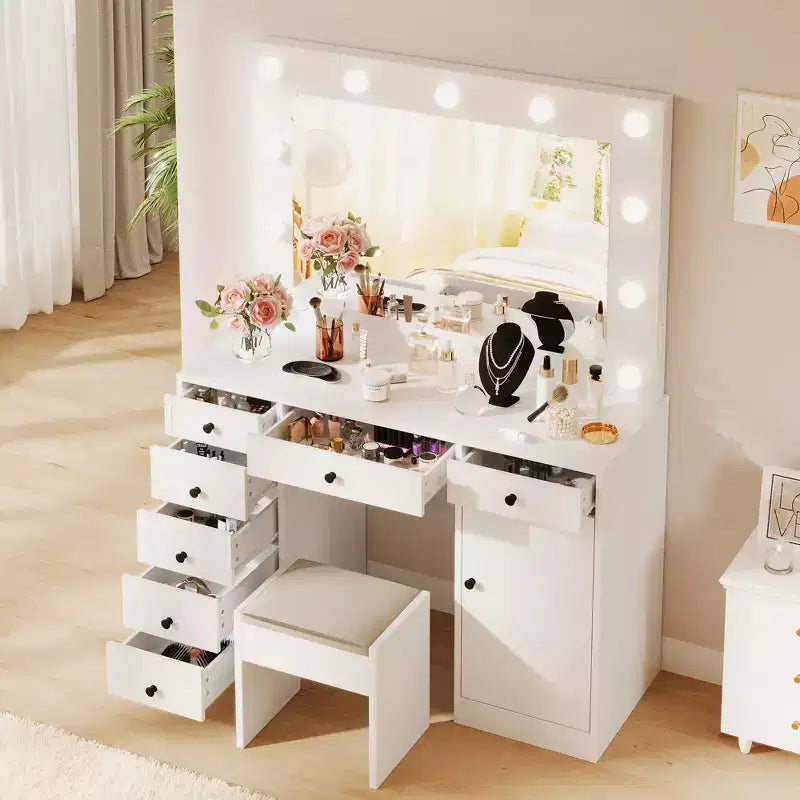 White Vanity Desk with Mirror and LED Lighting