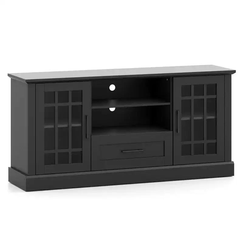 Farmhouse TV Stand for TVs up to 70 Inches with Glass Doors, Drawer and Open Shelves