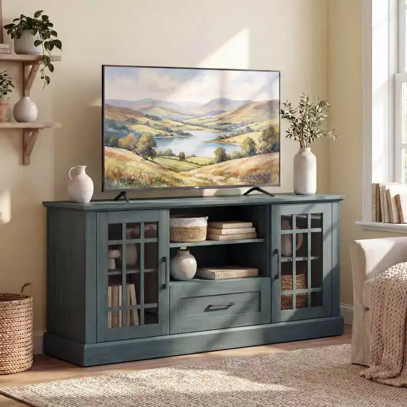 Farmhouse TV Stand for TVs up to 70 Inches with Glass Doors, Drawer and Open Shelves