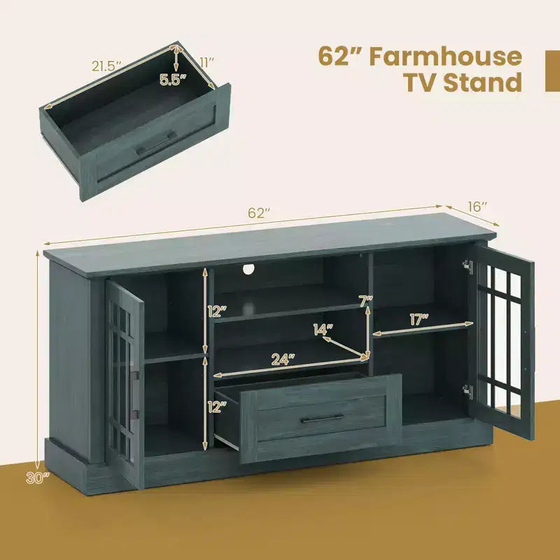 Farmhouse TV Stand for TVs up to 70 Inches with Glass Doors, Drawer and Open Shelves