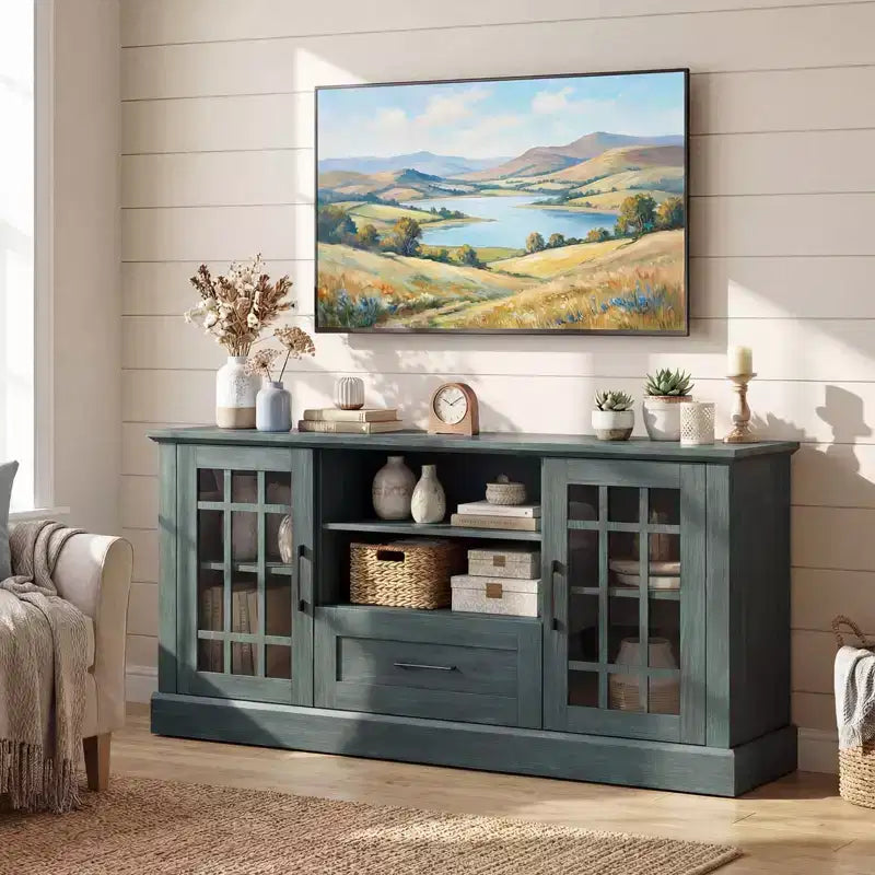 Farmhouse TV Stand for TVs up to 70 Inches with Glass Doors, Drawer and Open Shelves