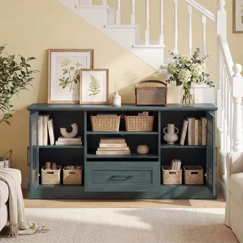 Farmhouse TV Stand for TVs up to 70 Inches with Glass Doors, Drawer and Open Shelves