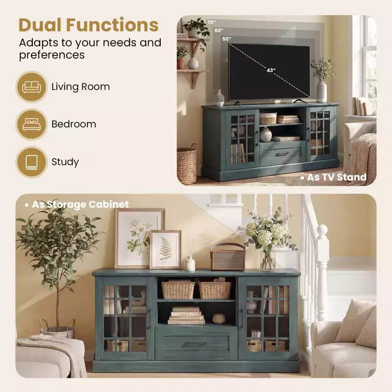Farmhouse TV Stand for TVs up to 70 Inches with Glass Doors, Drawer and Open Shelves