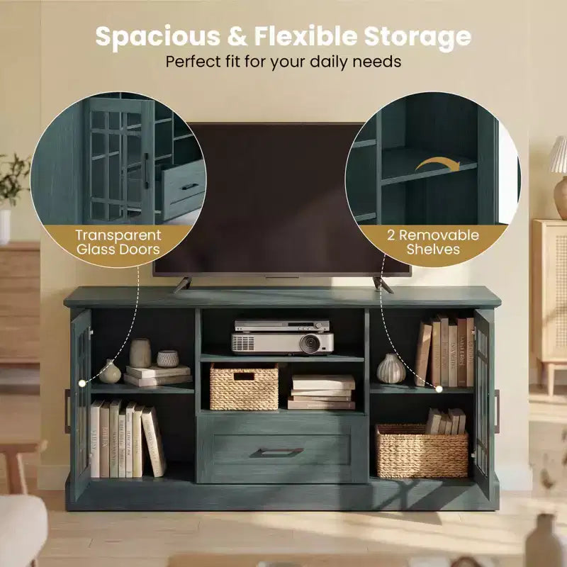 Farmhouse TV Stand for TVs up to 70 Inches with Glass Doors, Drawer and Open Shelves