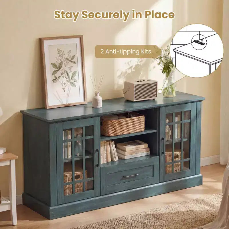Farmhouse TV Stand for TVs up to 70 Inches with Glass Doors, Drawer and Open Shelves