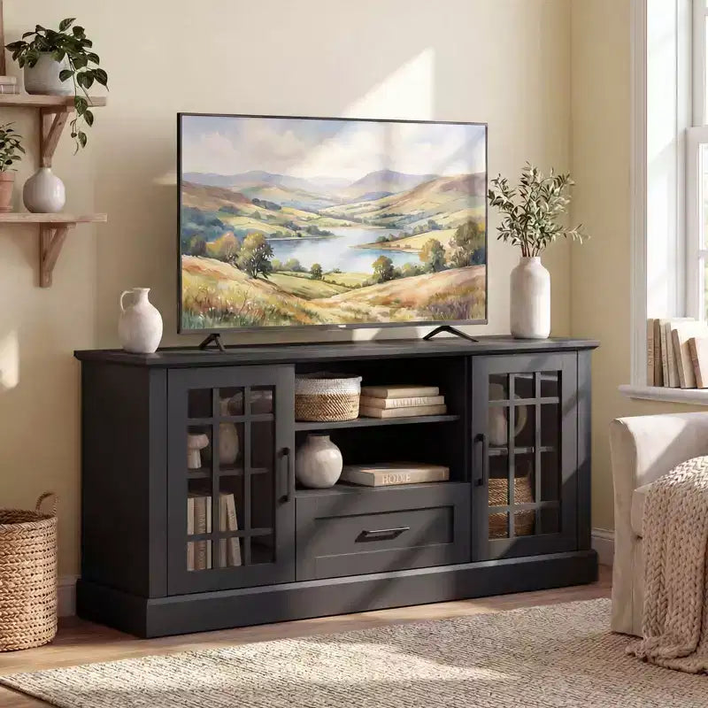 Farmhouse TV Stand for TVs up to 70 Inches with Glass Doors, Drawer and Open Shelves