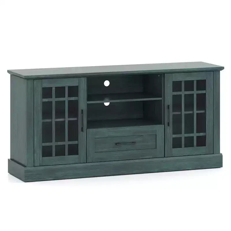 Farmhouse TV Stand for TVs up to 70 Inches with Glass Doors, Drawer and Open Shelves