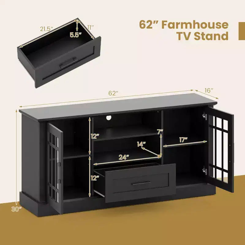 Farmhouse TV Stand for TVs up to 70 Inches with Glass Doors, Drawer and Open Shelves