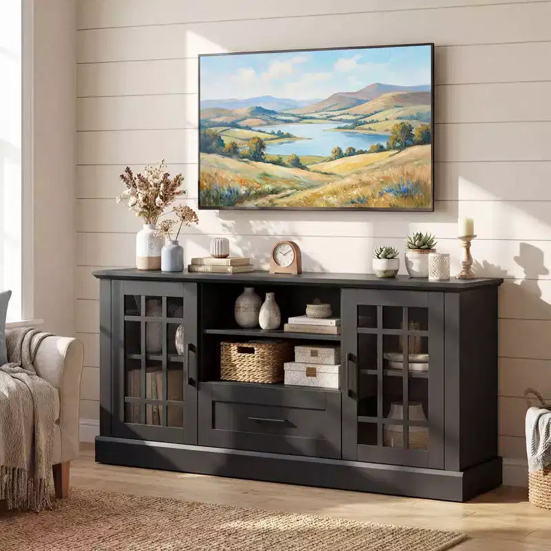Farmhouse TV Stand for TVs up to 70 Inches with Glass Doors, Drawer and Open Shelves
