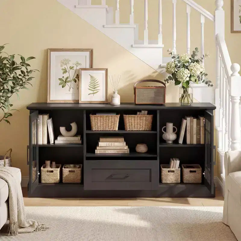 Farmhouse TV Stand for TVs up to 70 Inches with Glass Doors, Drawer and Open Shelves
