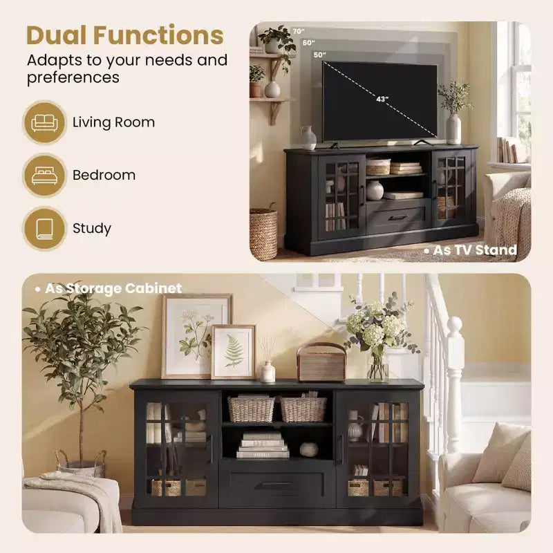 Farmhouse TV Stand for TVs up to 70 Inches with Glass Doors, Drawer and Open Shelves