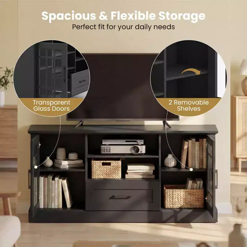 Farmhouse TV Stand for TVs up to 70 Inches with Glass Doors, Drawer and Open Shelves