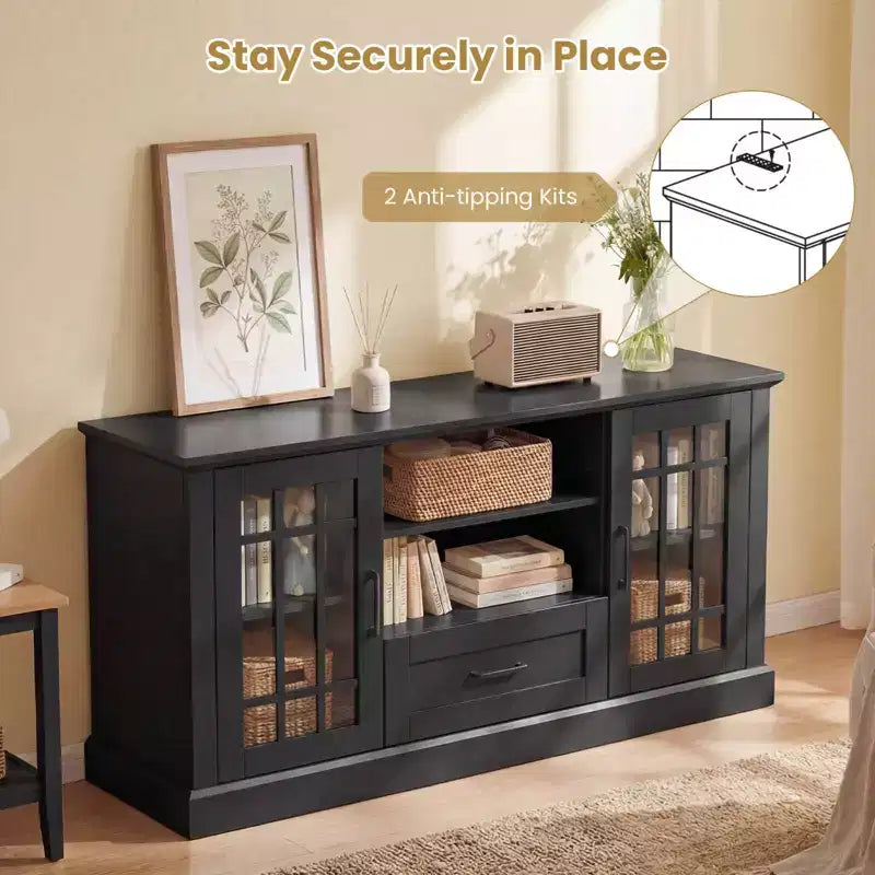 Farmhouse TV Stand for TVs up to 70 Inches with Glass Doors, Drawer and Open Shelves