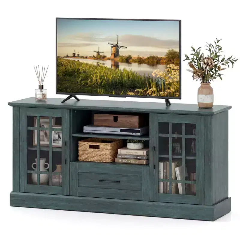 Farmhouse TV Stand for TVs up to 70 Inches with Glass Doors, Drawer and Open Shelves
