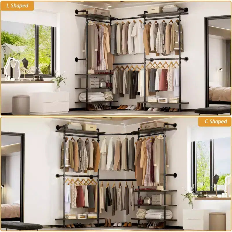 Garment Rack with Wood Shelves and Closet Storage System