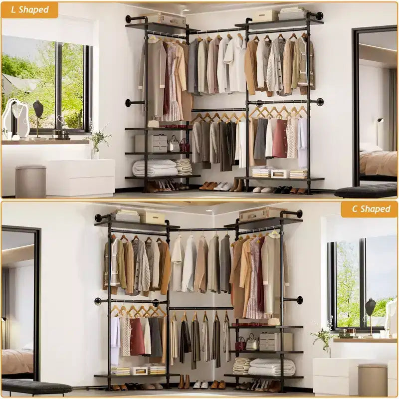 Garment Rack with Wood Shelves and Closet Storage System