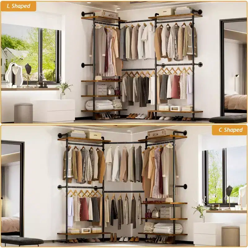 Garment Rack with Wood Shelves and Closet Storage System