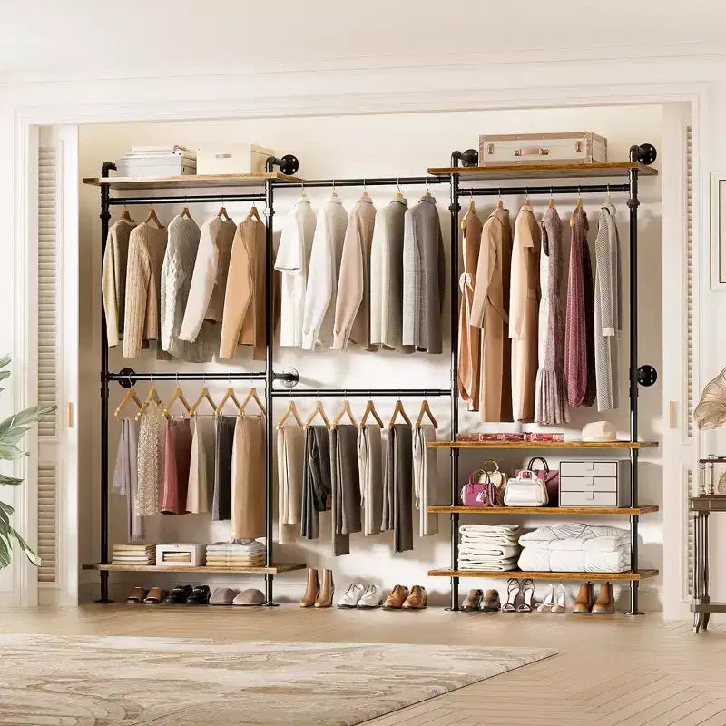 Garment Rack with Wood Shelves and Closet Storage System