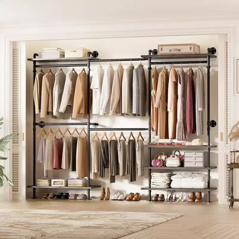 Garment Rack with Wood Shelves and Closet Storage System