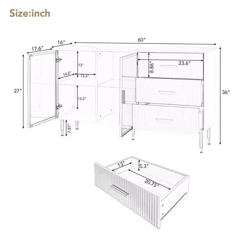 Sideboard Buffet Cabinet with Storage Drawers and Cabinet Doors, 60 inch, MDF, White or Black