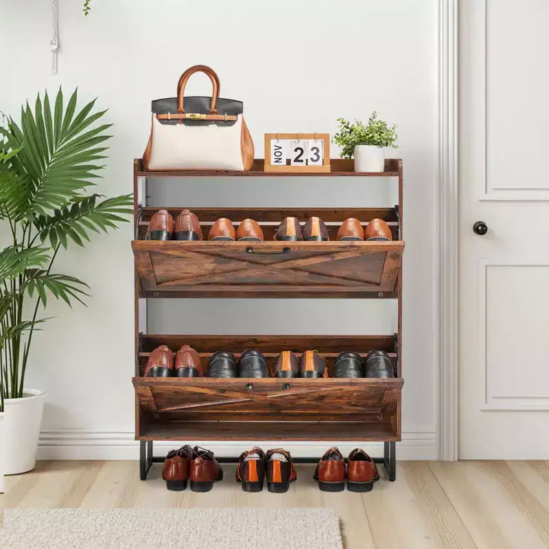 Shoe Cabinet with 2 Flip Drawers and Adjustable Shelves, Brown