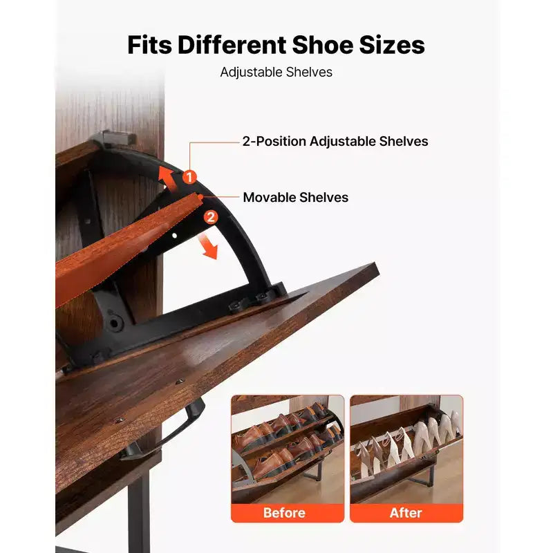 Shoe Cabinet with 2 Flip Drawers and Adjustable Shelves, Brown