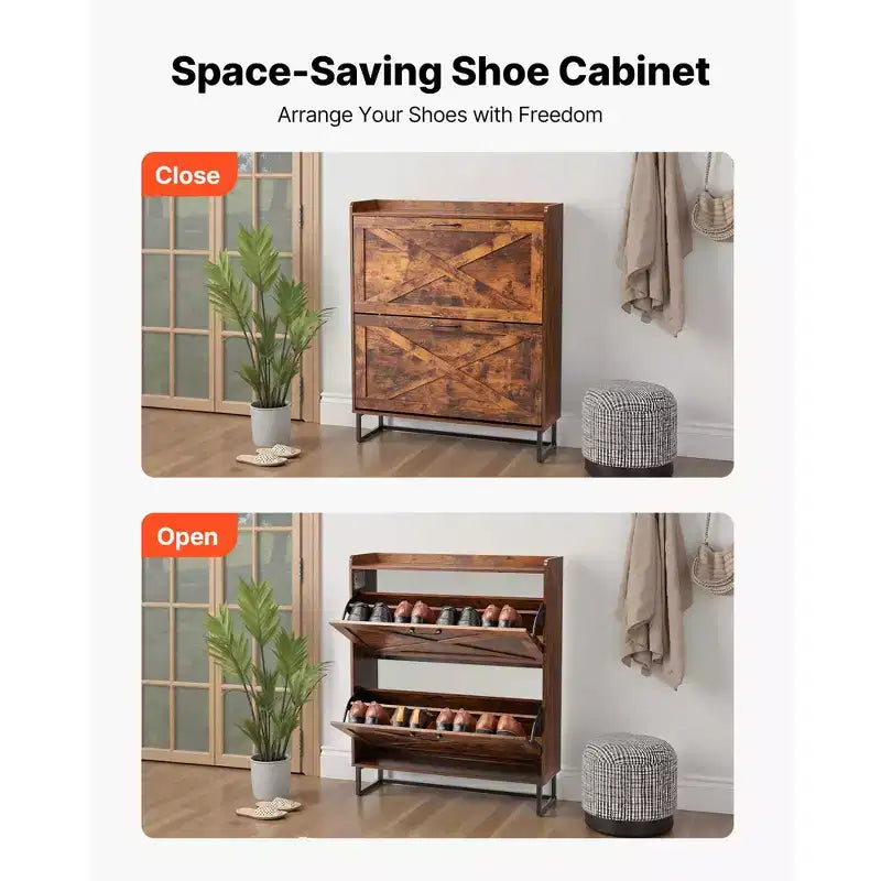 Shoe Cabinet with 2 Flip Drawers and Adjustable Shelves, Brown