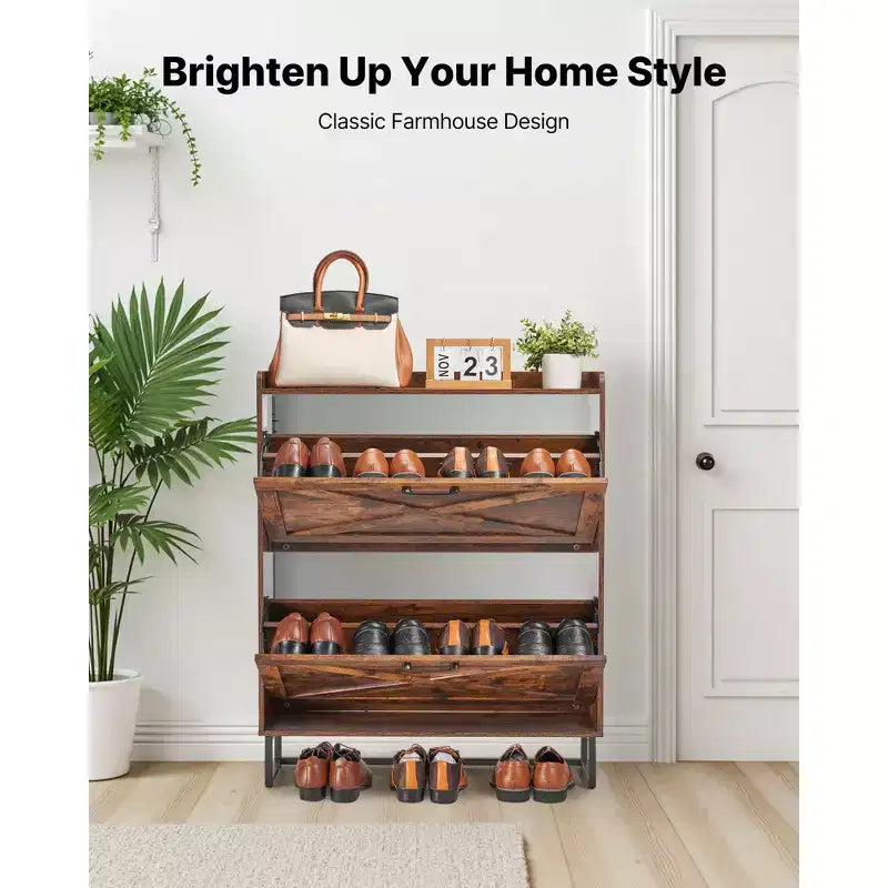 Shoe Cabinet with 2 Flip Drawers and Adjustable Shelves, Brown