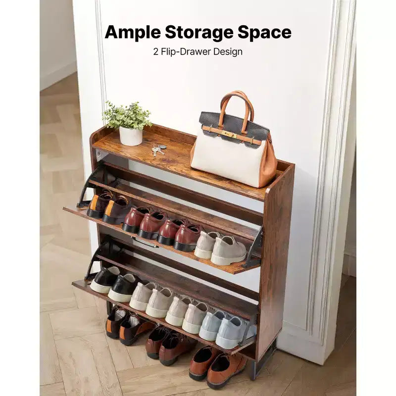 Shoe Cabinet with 2 Flip Drawers and Adjustable Shelves, Brown