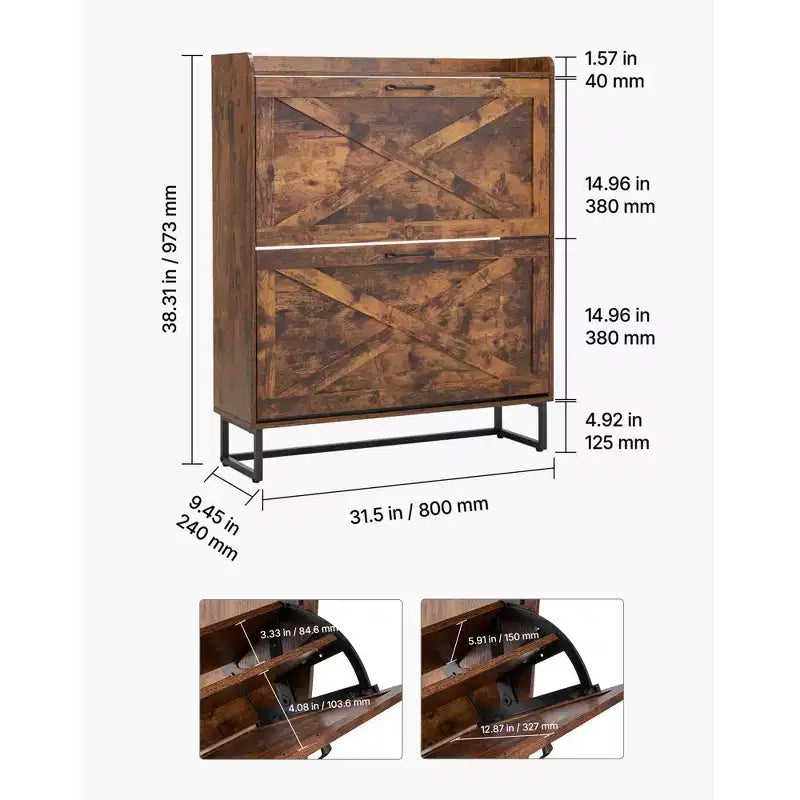 Shoe Cabinet with 2 Flip Drawers and Adjustable Shelves, Brown