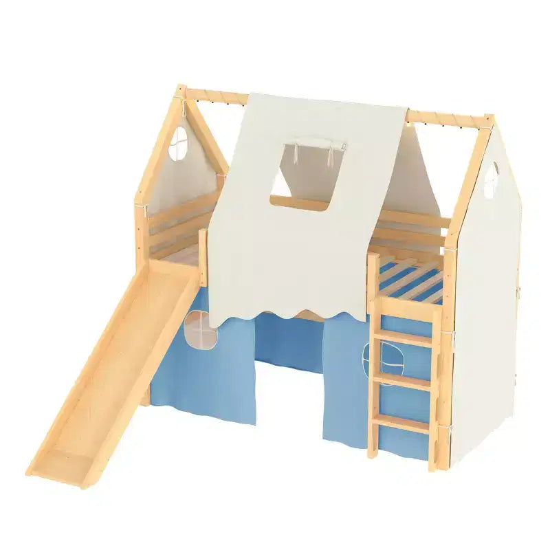 Twin/Full Size House Loft Bed with Slide, Lights, Tent & Safety Guardrails