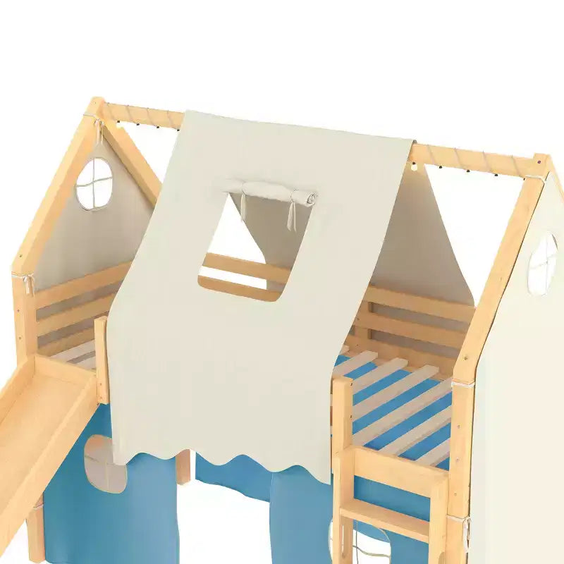 Twin/Full Size House Loft Bed with Slide, Lights, Tent & Safety Guardrails