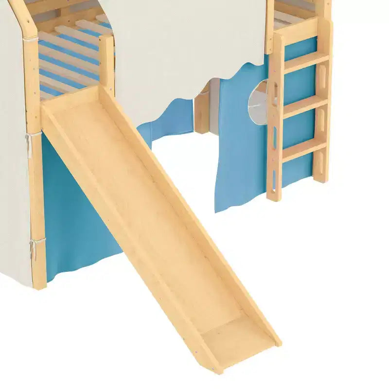 Twin/Full Size House Loft Bed with Slide, Lights, Tent & Safety Guardrails