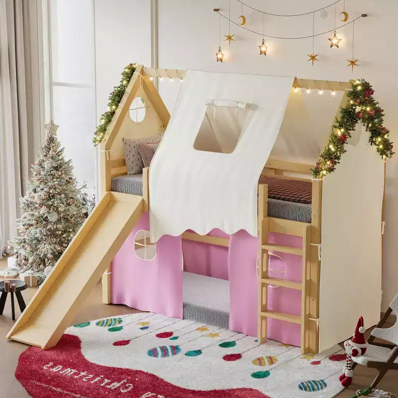 Twin/Full Size House Loft Bed with Slide, Lights, Tent & Safety Guardrails