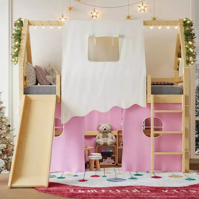 Twin/Full Size House Loft Bed with Slide, Lights, Tent & Safety Guardrails