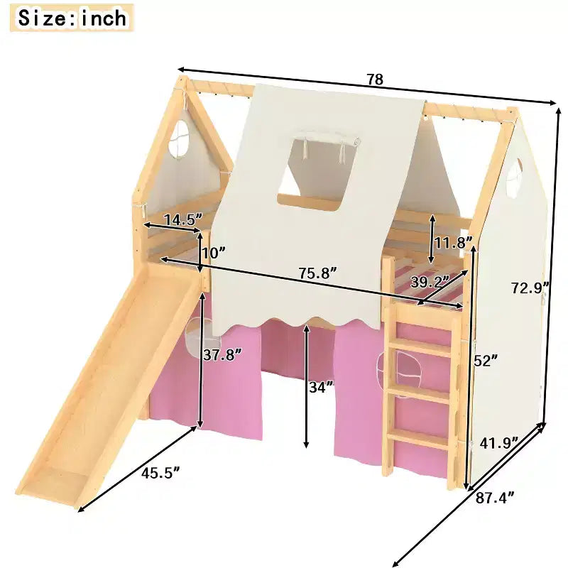 Twin/Full Size House Loft Bed with Slide, Lights, Tent & Safety Guardrails