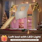 Letto a soppalco a forma di casetta Twin/Full con scivolo, luci, tenda e spondine di sicurezza
