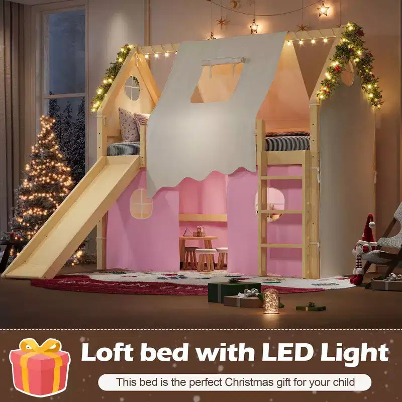 Twin/Full Size House Loft Bed with Slide, Lights, Tent & Safety Guardrails