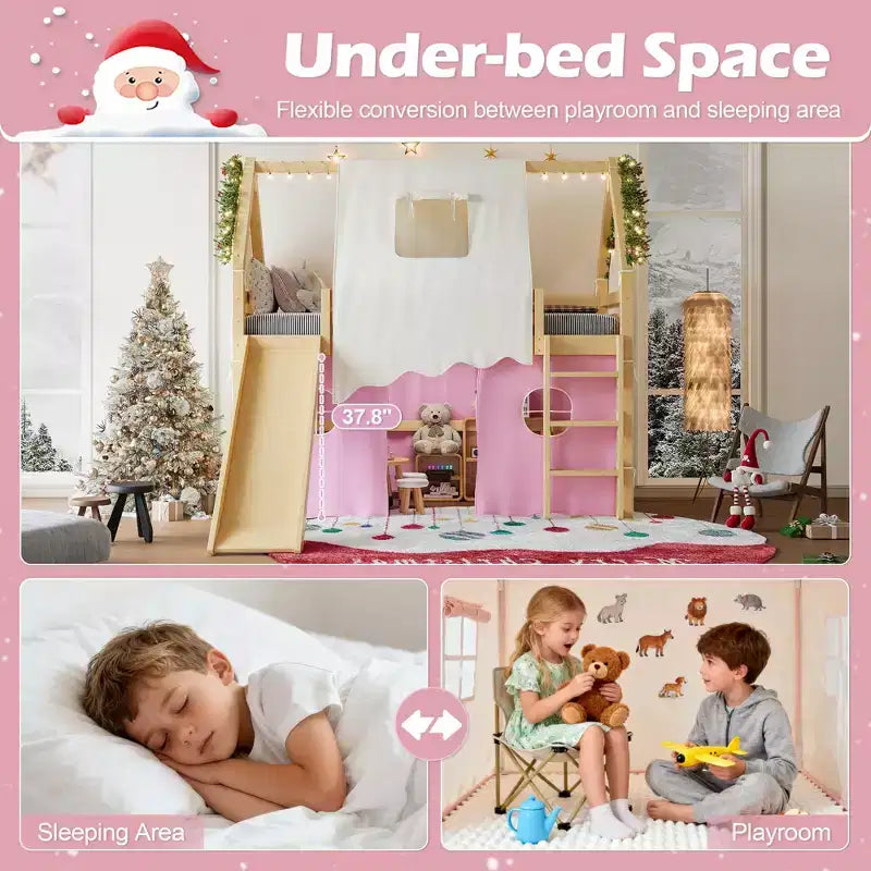 Twin/Full Size House Loft Bed with Slide, Lights, Tent & Safety Guardrails